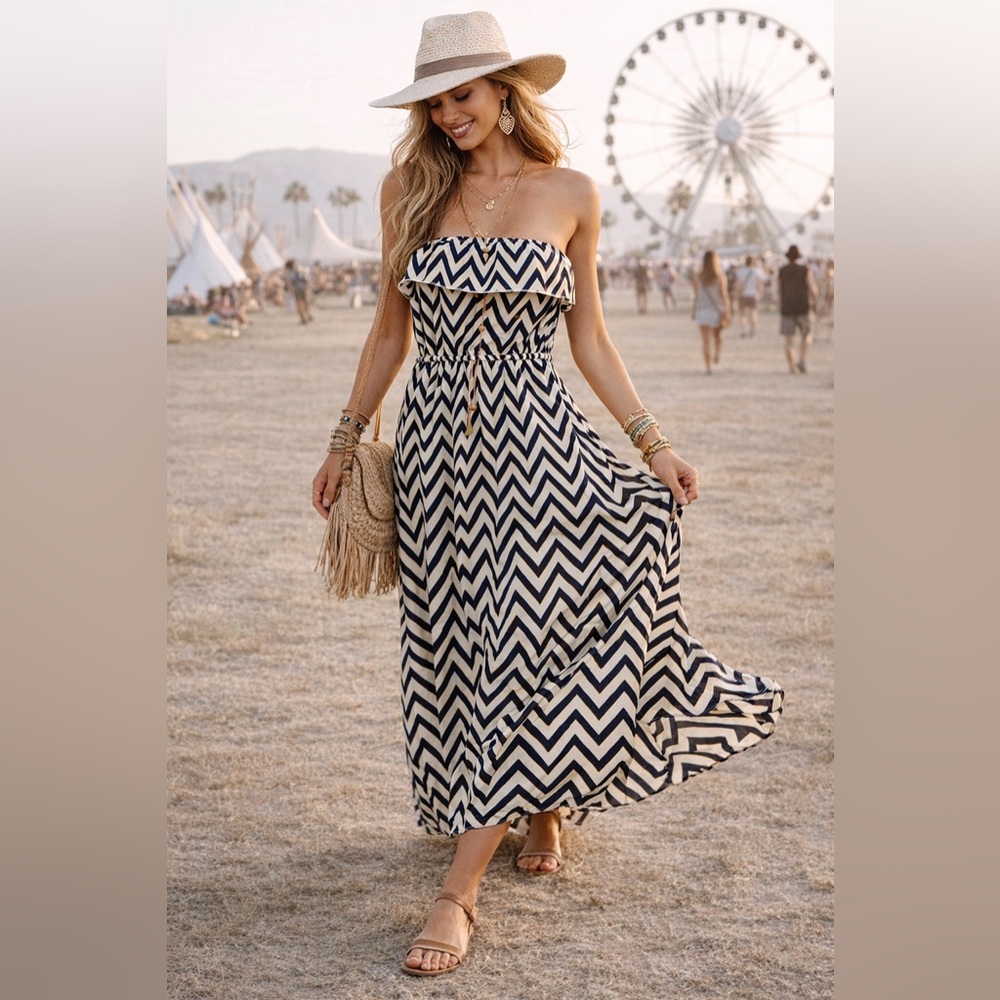 Vacation Ready Speed Control Navy and White Chevron Strapless Sun Fun Maxi Dress